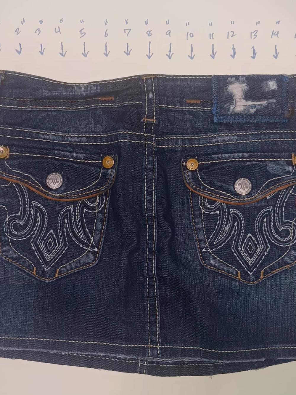 Embroidered Dark Blue Denim Skirt with Pocket Detail